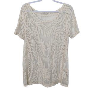 Women's Capri sheer, floral lace, short sleeve coverup/tunic, off-white, size M